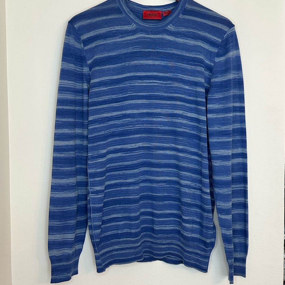 Hugo Boss Blue and Gray Striped Crewneck Sweater